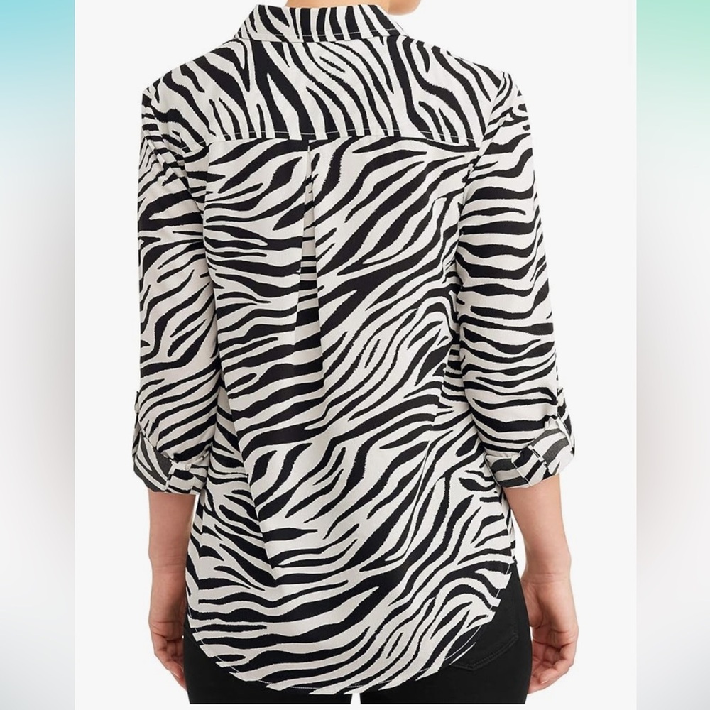 Time And Tru Womens Blouse Black White Zebra Print Long Sleeve Pocket - Picture 4 of 4